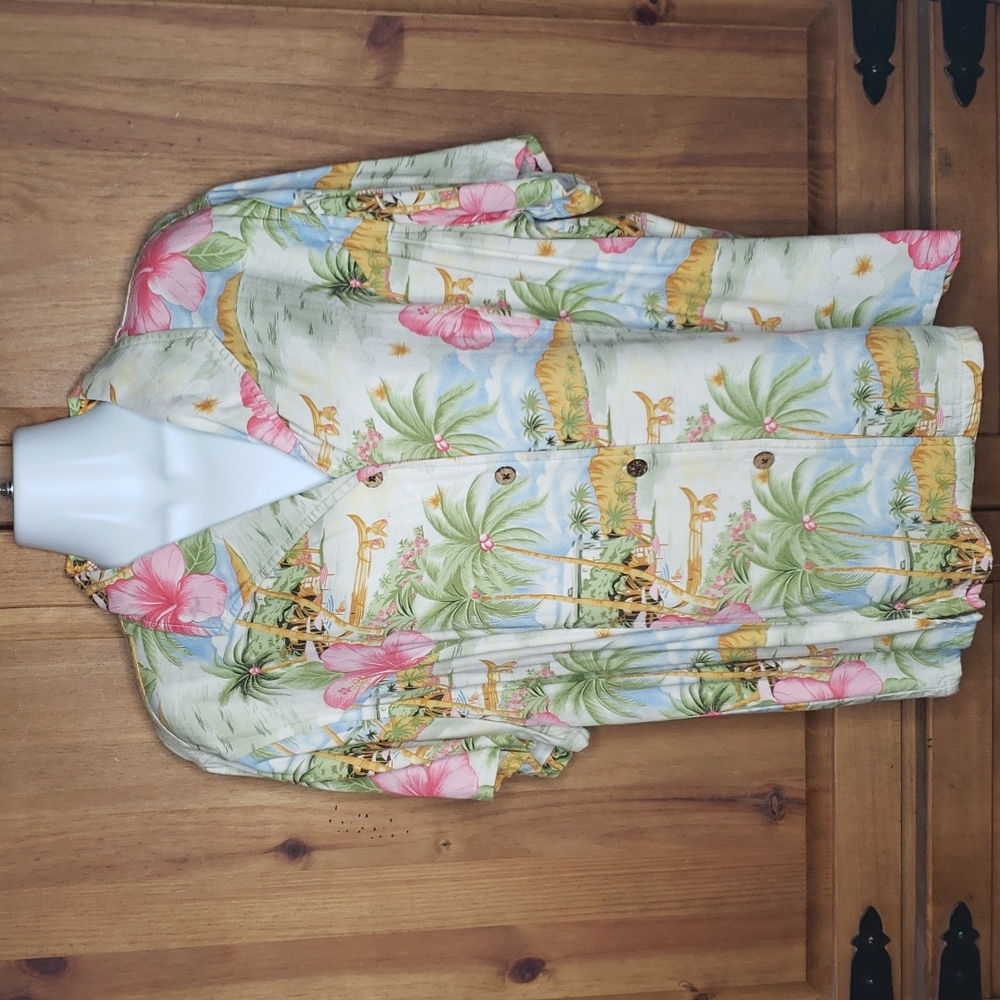 Jamaica Bay Pink Hibiscus Palm Trees Hawaiian Print Button Front Top